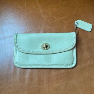 RARE 90's Coach Zip Wallet Pouch Aqua Blue Green Turnlock Closure Tanned Cowhide